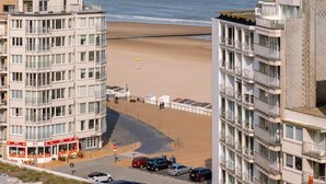 Vista sulla costa con palazzi alti, una spiaggia e una strada con auto parcheggiate.