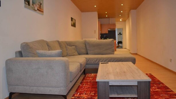 A modern living room with a grey sectional sofa, a wooden coffee table, and a red patterned rug. - Beachfront Apartment w/ Patio, Pet-Friendly, in (Oostende)