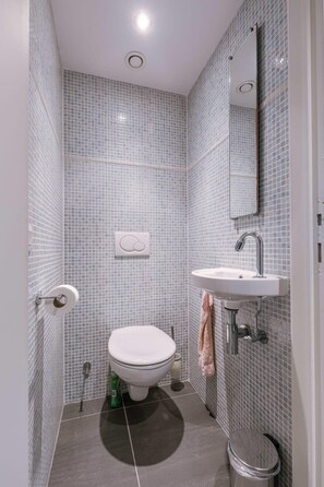 Een douche, een haardroger, handdoeken, shampoo