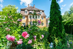 A house with a garden in front, a tall tree to the right, and a clear blue sky. - Apartment in Historic Villa with Wi-Fi (Stockach)
