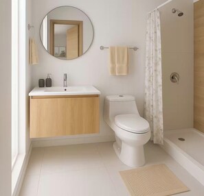 Regadera, toallas, papel de baño 