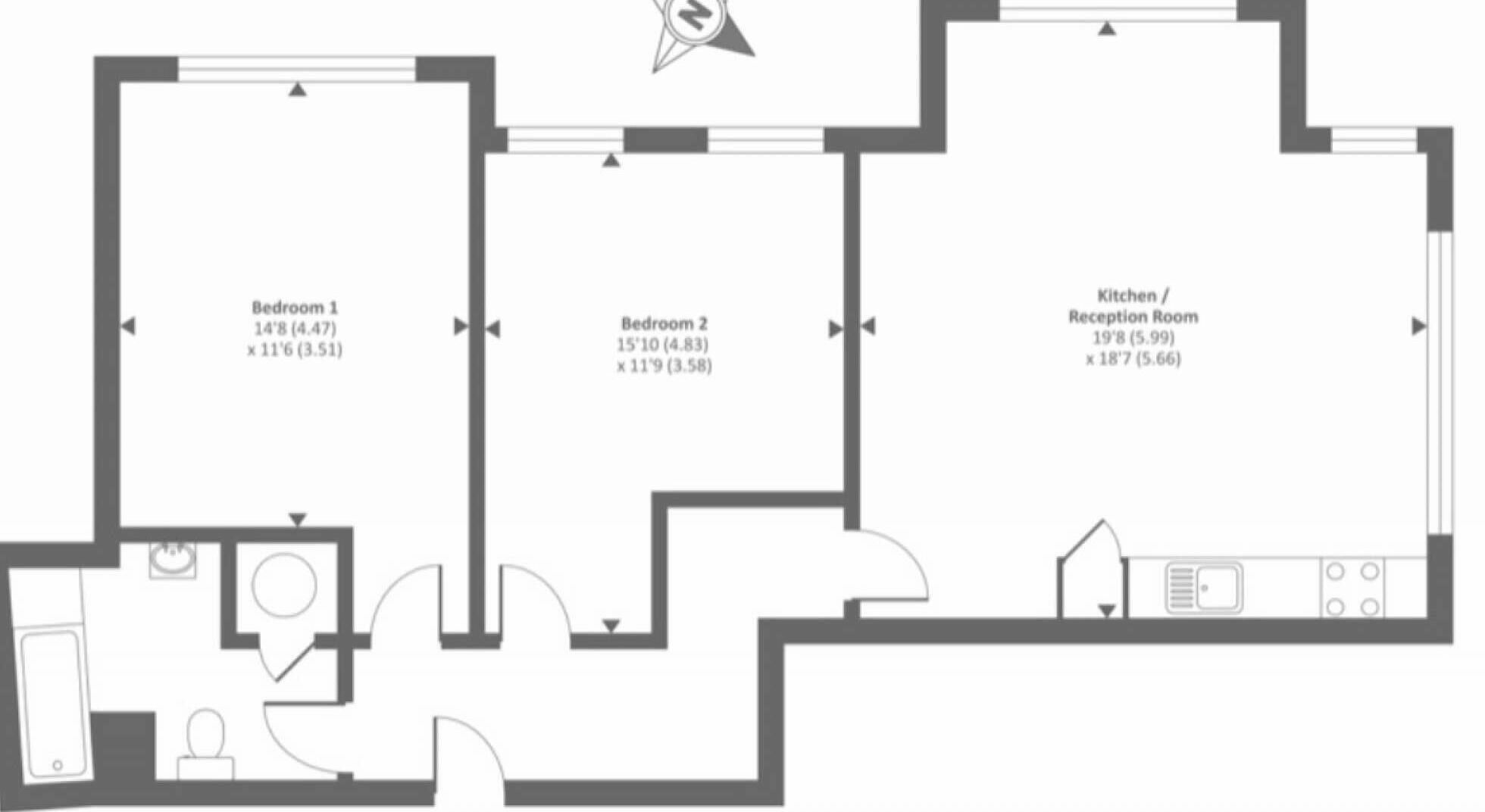 Een plattegrond met twee slaapkamers, een keuken en een ontvangstkamer.