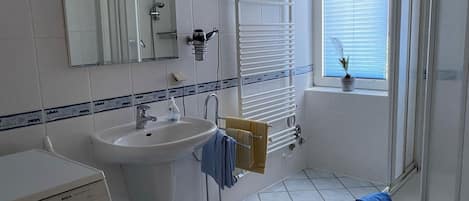 Shower, hair dryer, towels, soap