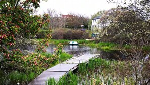 Un muelle de madera se extiende sobre una masa de agua tranquila, rodeado de exuberante vegetación y un pequeño bote.