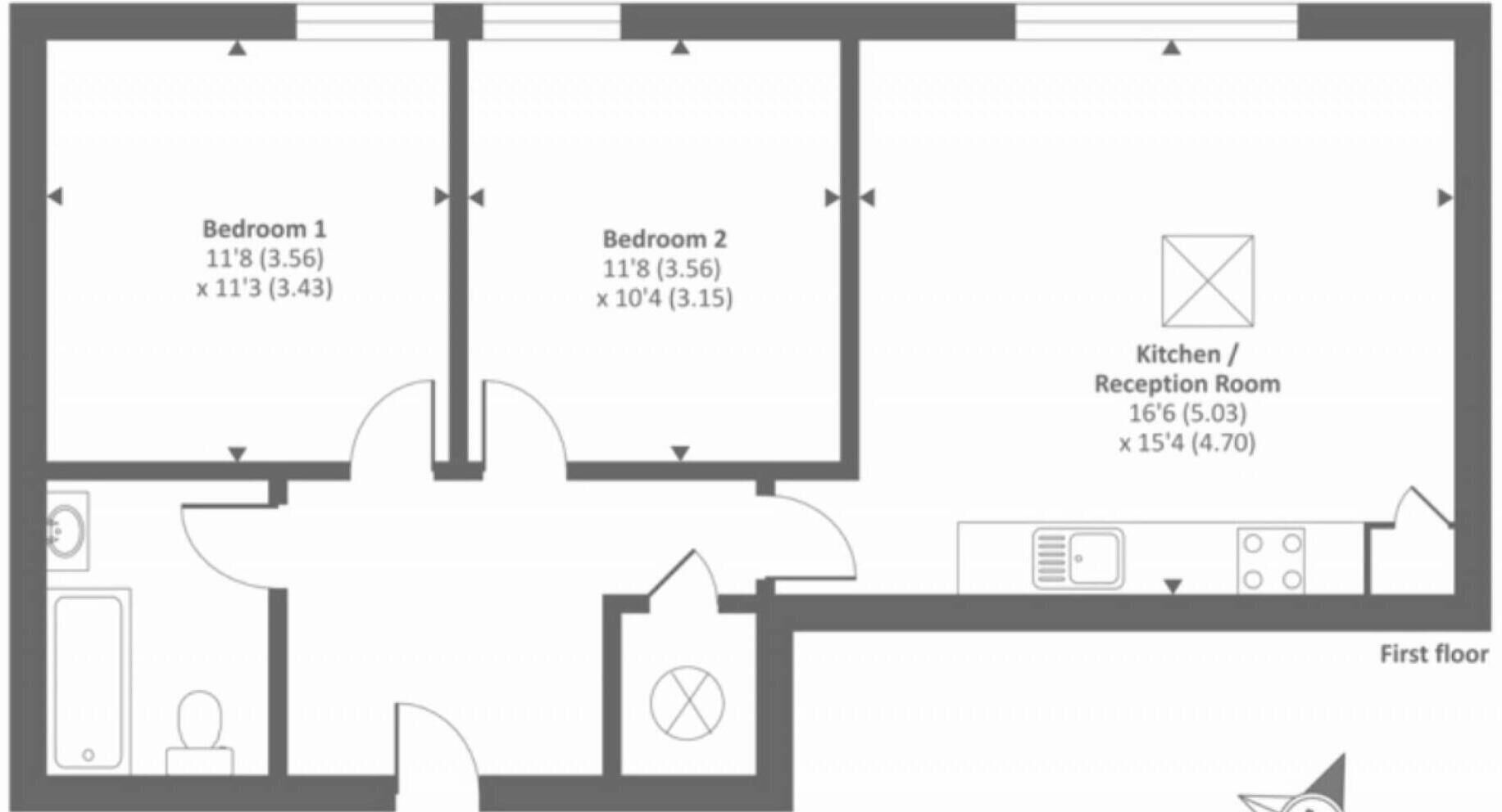 Grundriss eines Erdgeschosses mit zwei Schlafzimmern, einer Küche und einem Empfangszimmer.