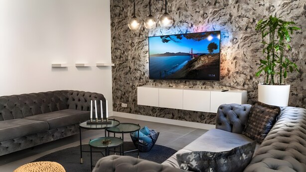 A modern living room with a grey sofa, a round coffee table, a TV mounted on a textured wall, and a potted plant. - Modern apartment in the heart of Offenbach (Offenbach am Main)