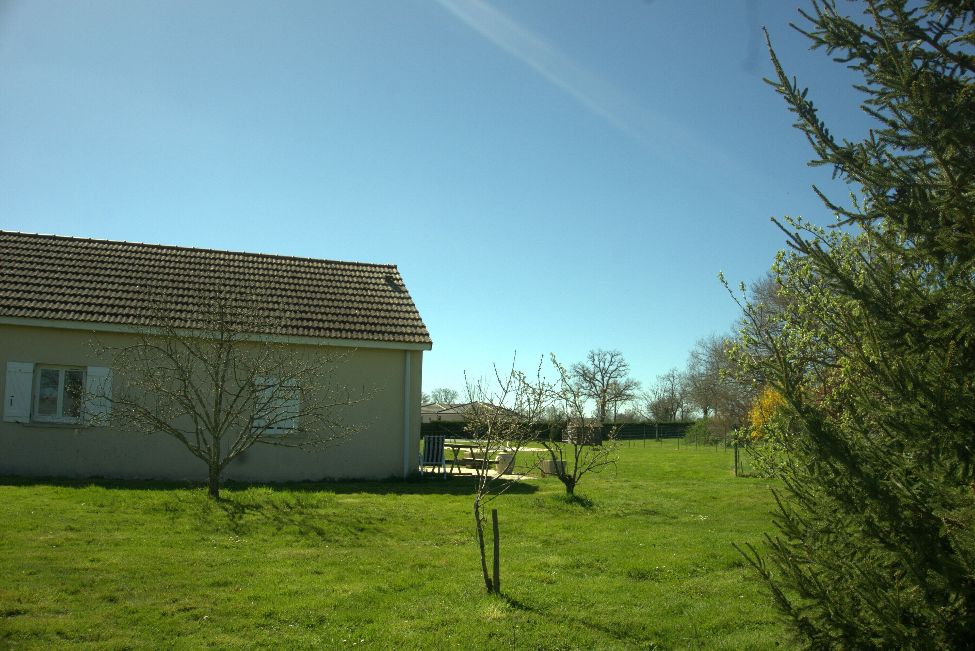 Une maison avec un toit en tuiles, une pelouse et un petit arbre devant.
