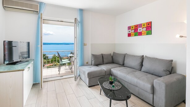 A modern living room with a grey sofa, a small table with a plant, a TV on a cabinet, and a colorful artwork on the wall. - Apartment for 2 persons with sea view (Crikvenica)