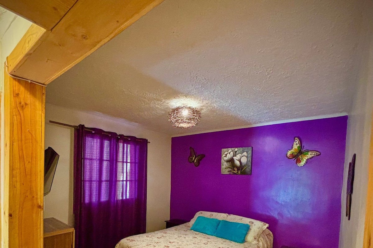 Ein Schlafzimmer mit Bett, violetten Wänden, Holzboden, einer Deckenleuchte und einem Fenster mit violetten Vorhängen.