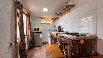 A compact kitchen with a refrigerator, a microwave, and a gas stove.