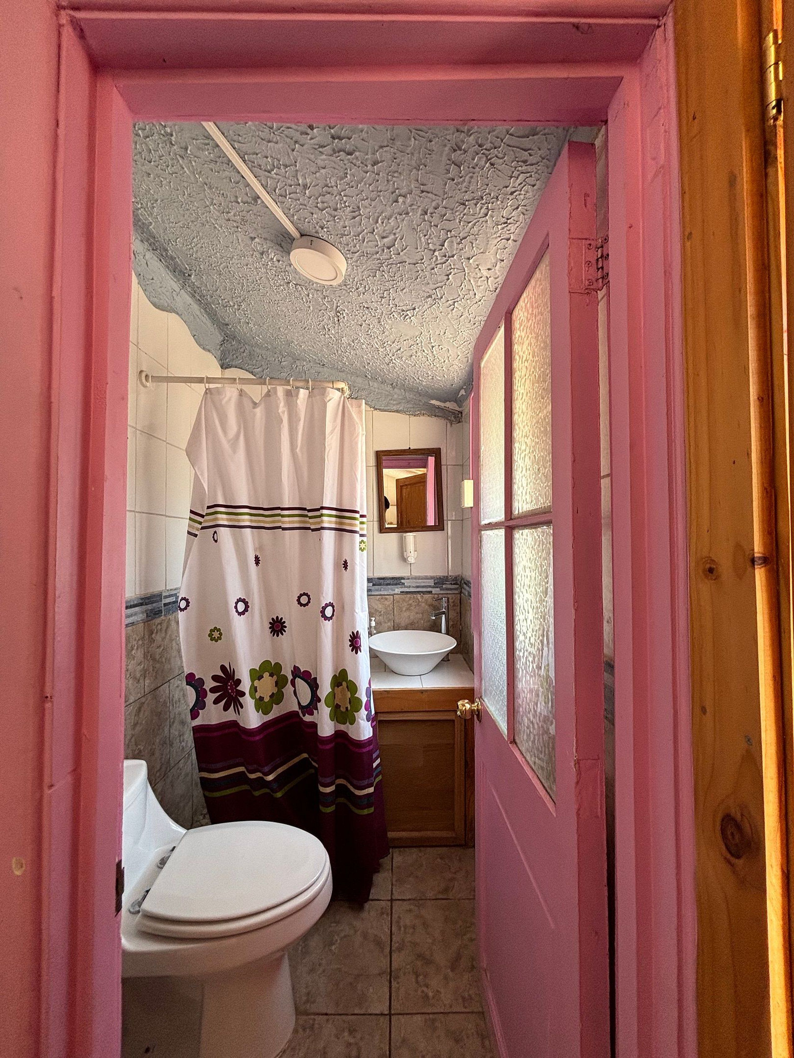 Un baño pequeño con inodoro, lavamanos y ducha.