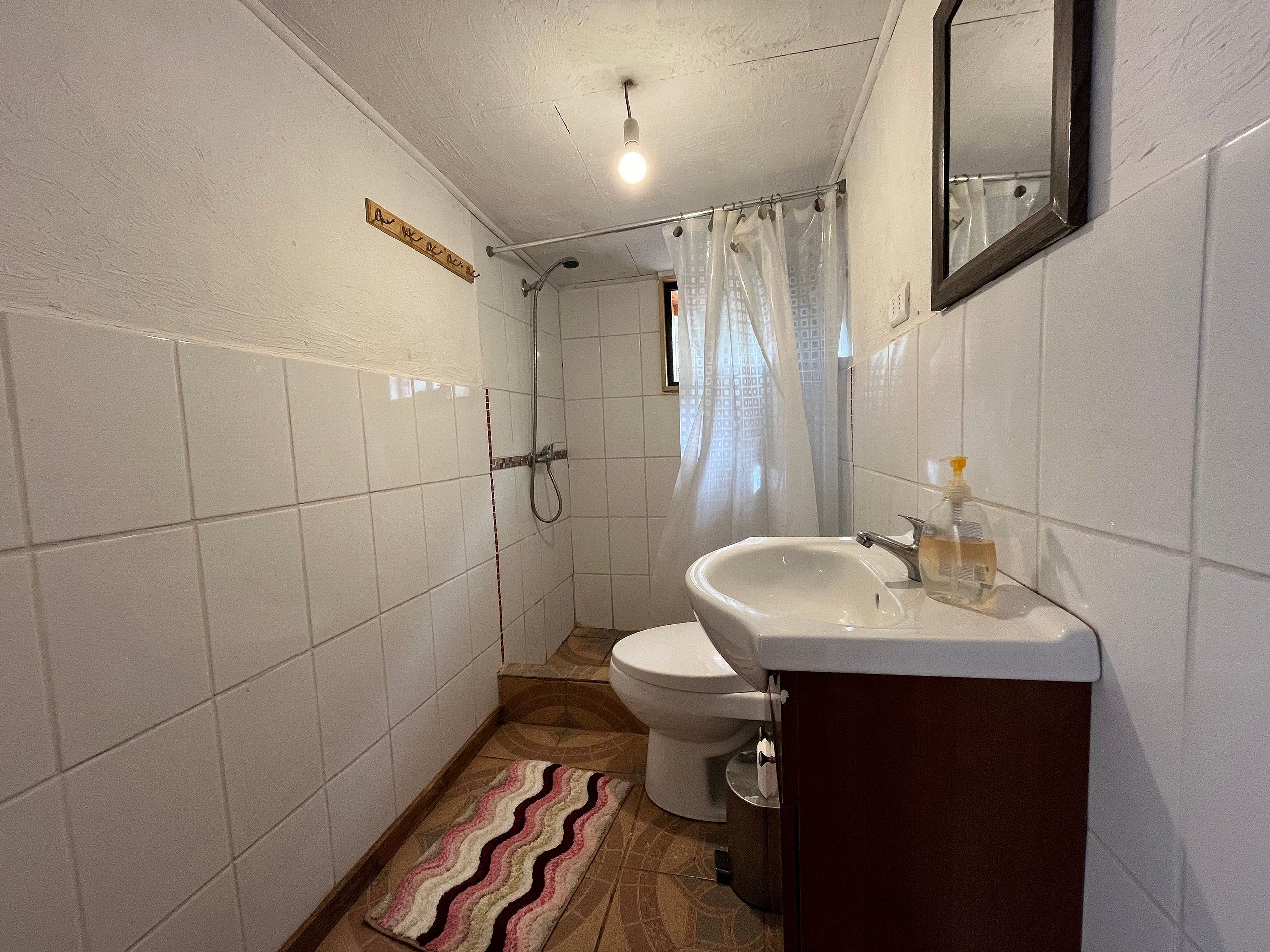 A small bathroom with white tiled walls, a shower, a toilet, and a sink with a mirror above it.