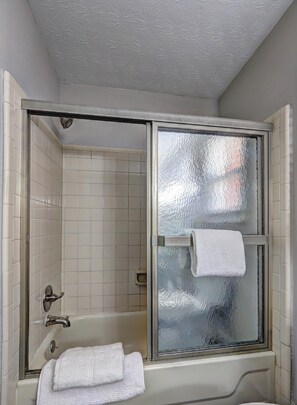 Hair dryer, towels, soap, toilet paper