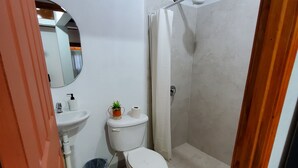 Un baño con inodoro, lavamanos, ducha y espejo.