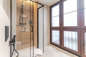 Douche, serviettes fournies, shampoing, papier toilette