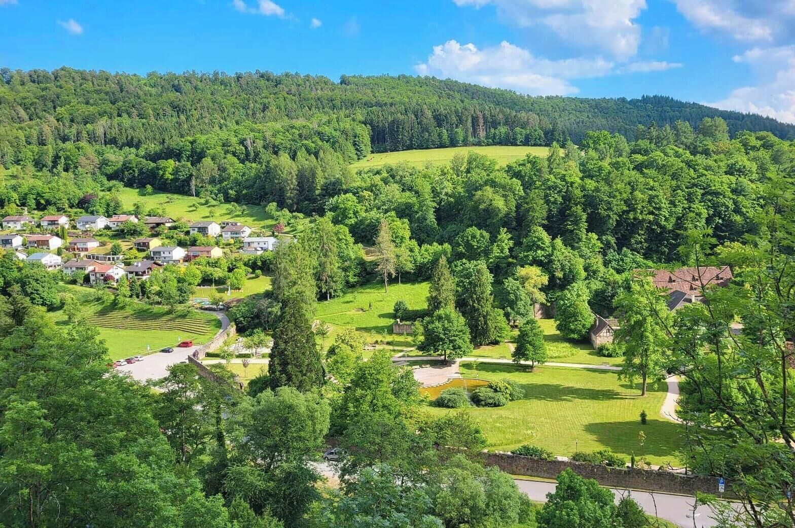 Een woonwijk met huizen, groene gazons en bomen.