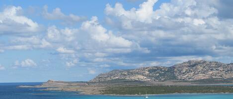 A coastal landscape with a mountain in the background, a clear sky, and a body of water.