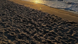 Una platja amb empremtes que condueixen a l'aigua, un cel clar i el sol ponent-se a l'horitzó.