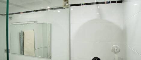 シャワー、ヘアドライヤー、タオル、トイレットペーパー