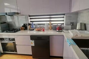 A modern kitchen with a dishwasher, oven, and a gas stove.