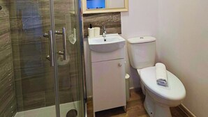 Un baño con cabina de ducha de vidrio, lavamanos blanco y un inodoro.