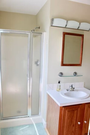 A bathroom with a glass shower enclosure, a white sink, a wooden vanity, and a mirror above the sink. - Honeysuckle Suite with AC & Deck (New Shoreham)