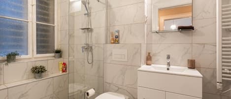 Chuveiro, secador de cabelo, toalhas de banho, sabonete