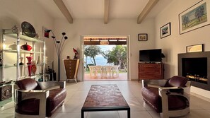 Televisión, chimenea, libros y estéreo 