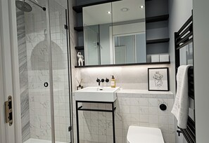 Hair dryer, towels, soap, toilet paper - The Vista - o2 Greenwich London 2 Bed Flat (London)