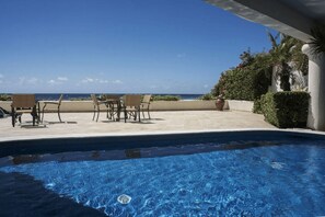 Une piscine avec vue sur l’océan, un espace extérieur aménagé et un palmier.