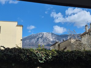 Ein mit Schnee bedeckter Berg, klarer Himmel und Gebäude im Vordergrund.