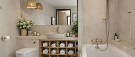 Douche, bidet, serviettes fournies, savon