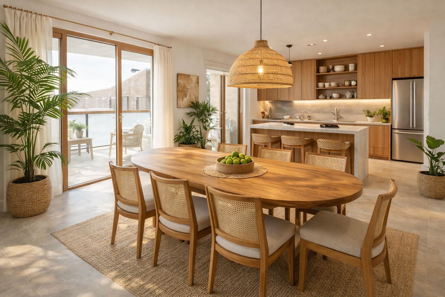Een moderne keuken met een centraal eiland, een houten eettafel en stoelen, omgeven door potplanten.