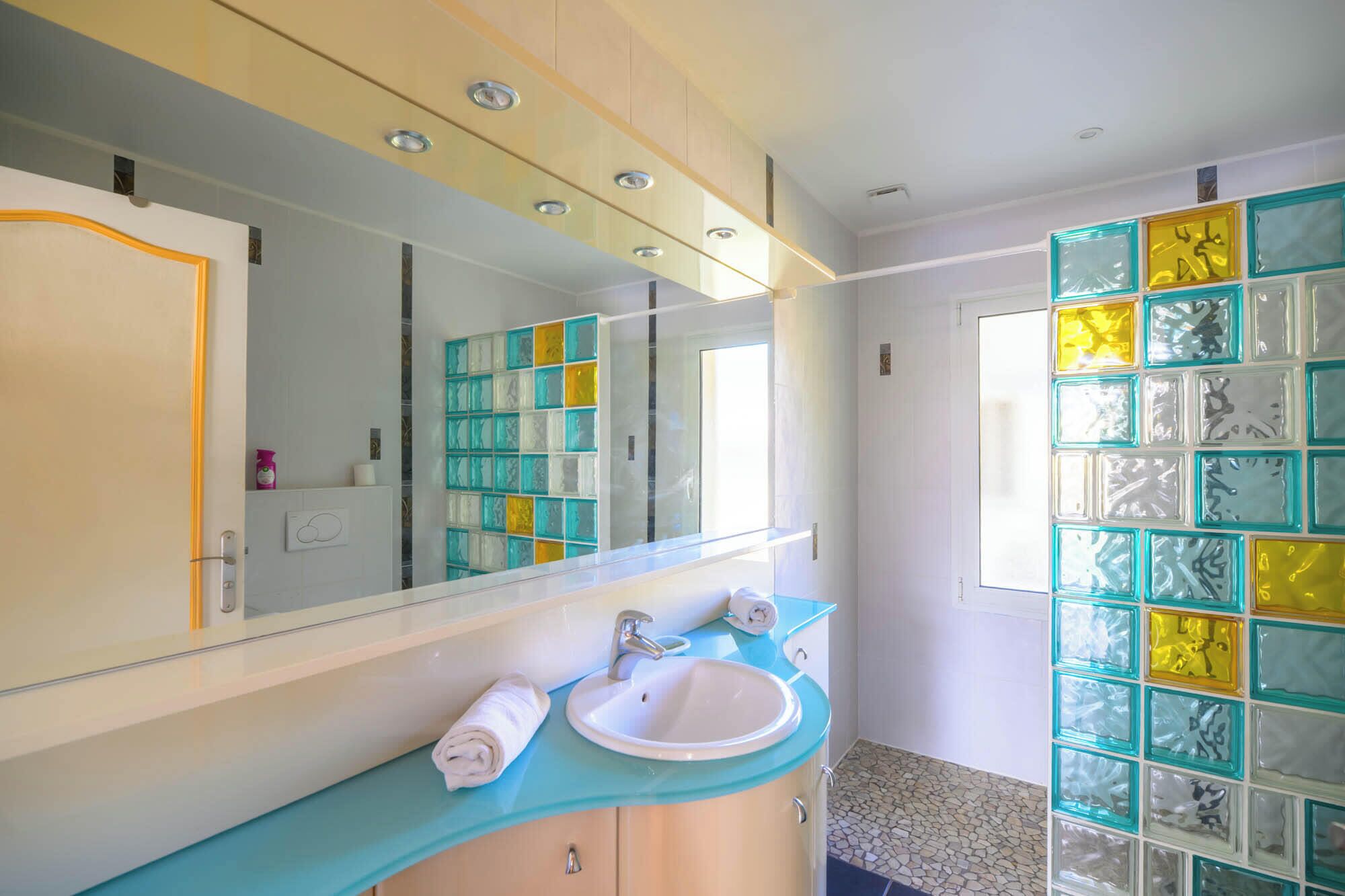 Une salle de bain avec un lavabo blanc, un miroir et un mur en blocs de verre.