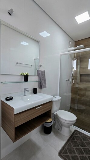 A modern bathroom with a glass shower enclosure, a white toilet, and a vanity with a mirror.