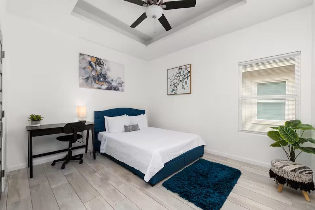 A bedroom with a bed, desk, chair, ceiling fan, artwork, window, and potted plant.
