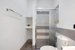 Chuveiro, secador de cabelo, toalhas de banho 
