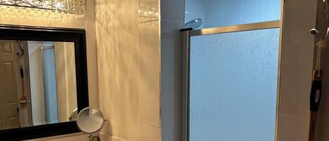 Hair dryer, towels, soap, toilet paper