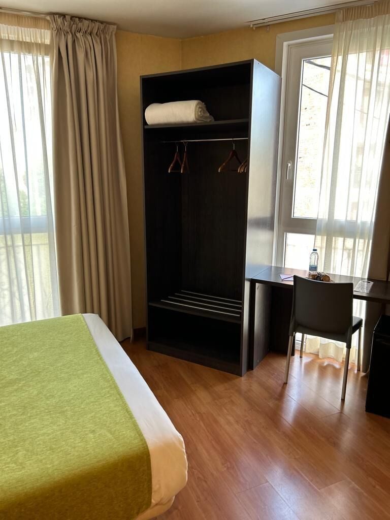 A hotel room with a bed, a desk, a chair, a wardrobe, and a window with curtains.
