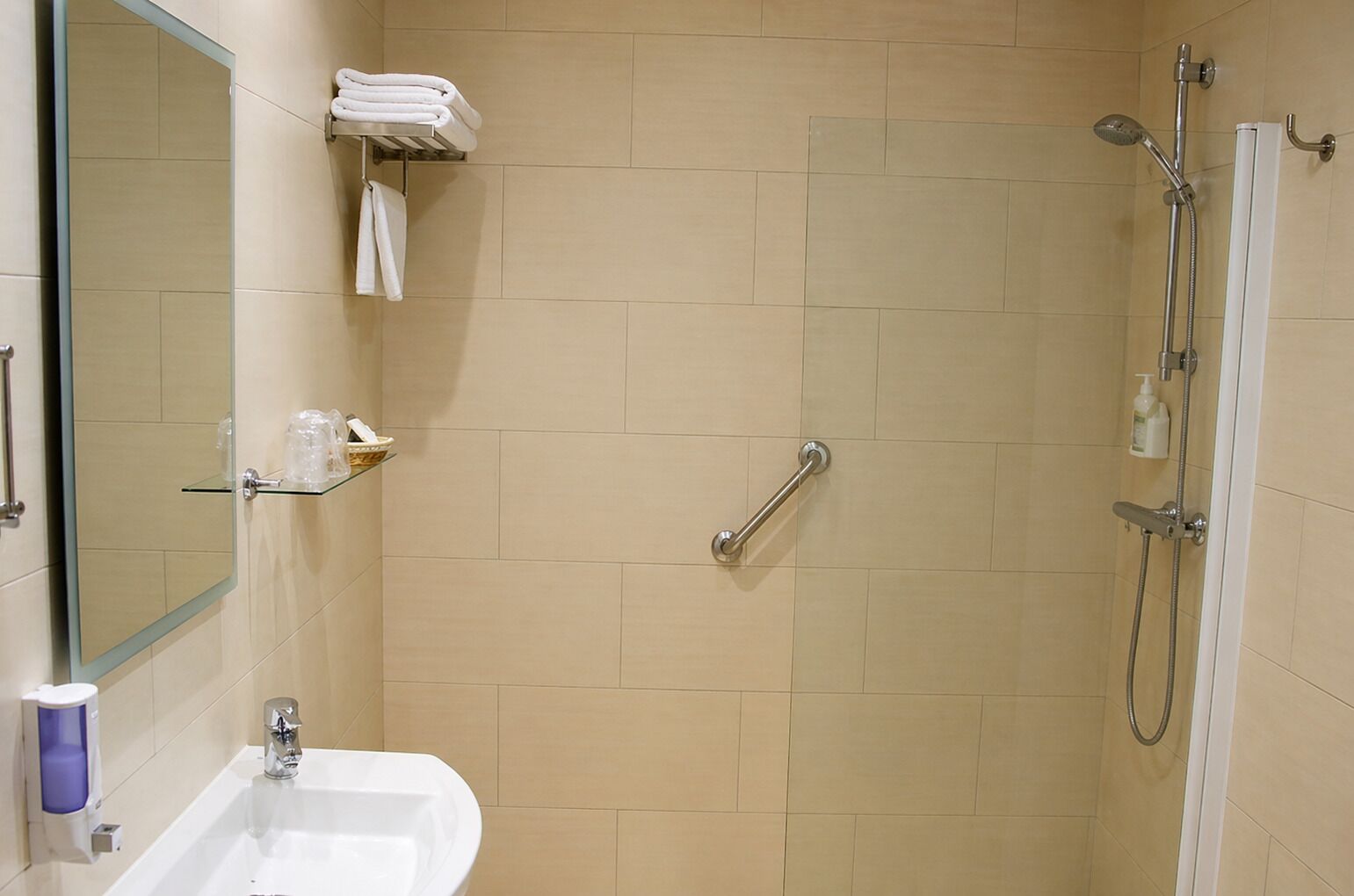 Hair dryer, towels, shampoo, toilet paper