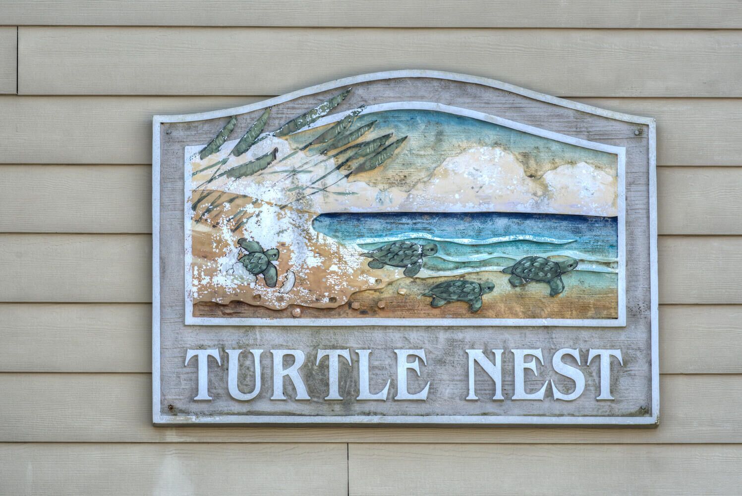 A sign with the words 'TURTLE NEST' and a painted scene of turtles on a beach.