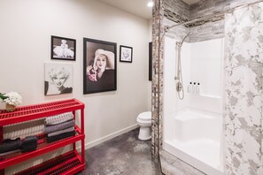 Hair dryer, towels, soap, shampoo