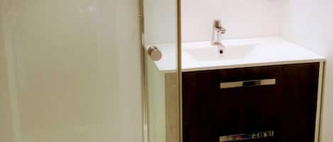 Shower, hair dryer, soap, toilet paper
