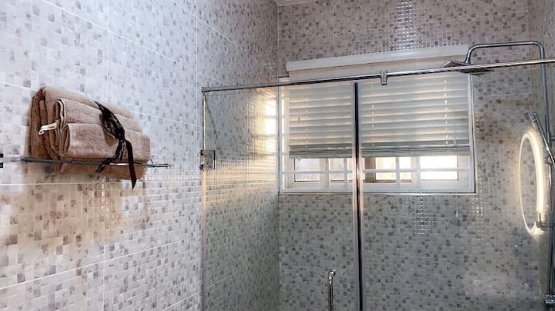 Hair dryer, towels, soap, toilet paper