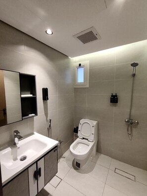 Badewanne und Dusche (separat), Regendusche, Designer-Toilettenartikel
