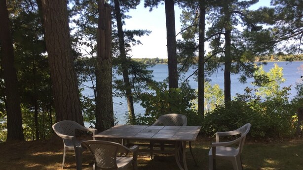 Una mesa de madera con cuatro sillas, rodeada de árboles y con vistas a un cuerpo de agua.