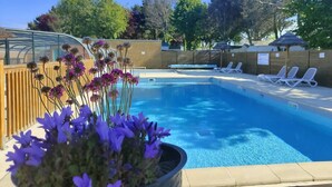 Una piscina con sillas de descanso y una maceta con flores moradas.