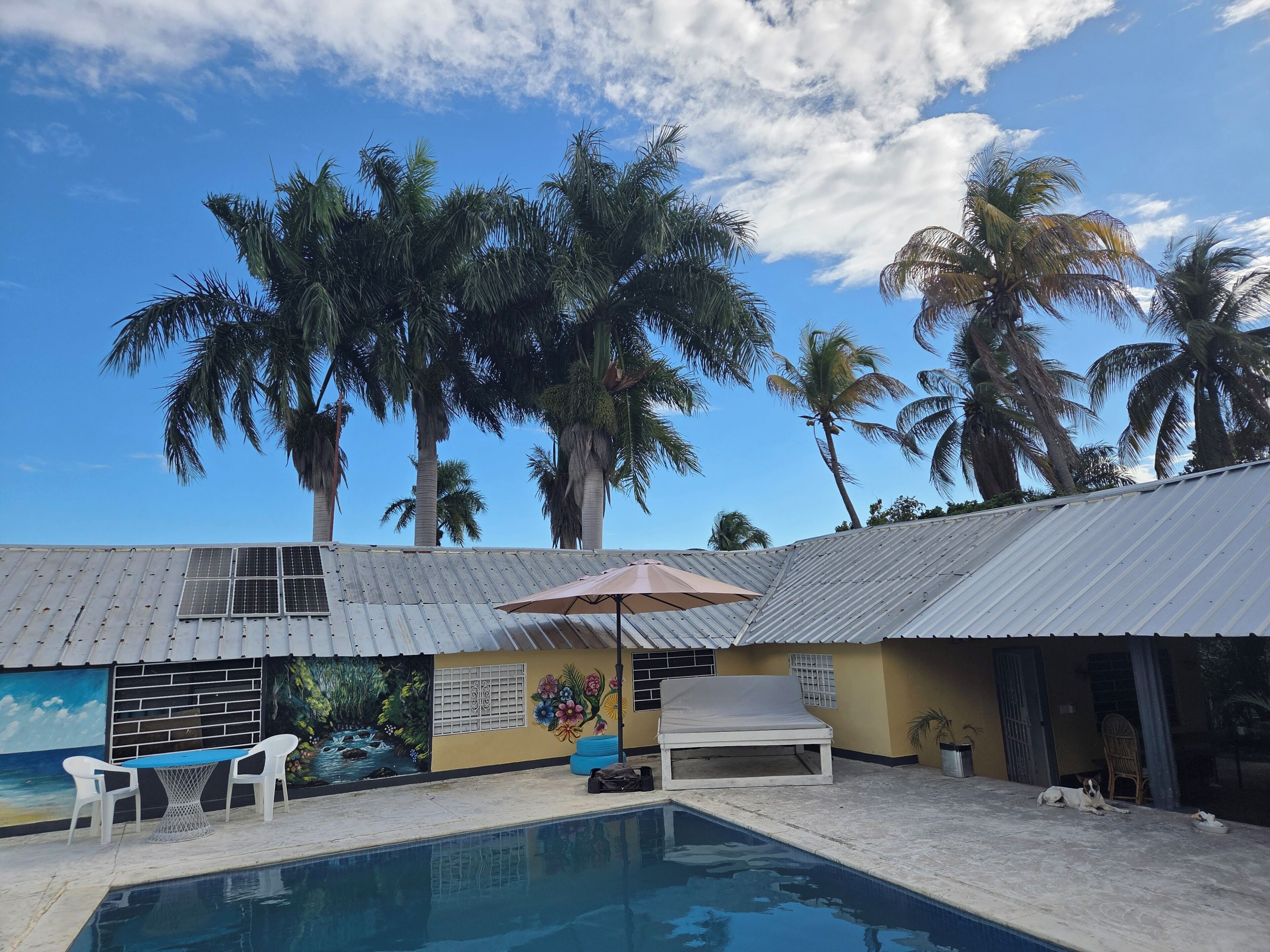 Zona de piscina con un mural, una silla de descanso y una mesa con sillas.