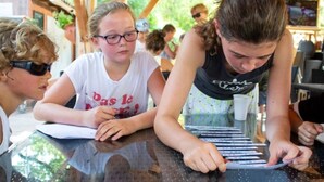 A group of people seated at a table with cards and a booklet, likely engaged in an activity or game. - Chalet 4 étoiles - Piscine  - ccbehhg (Saignon)