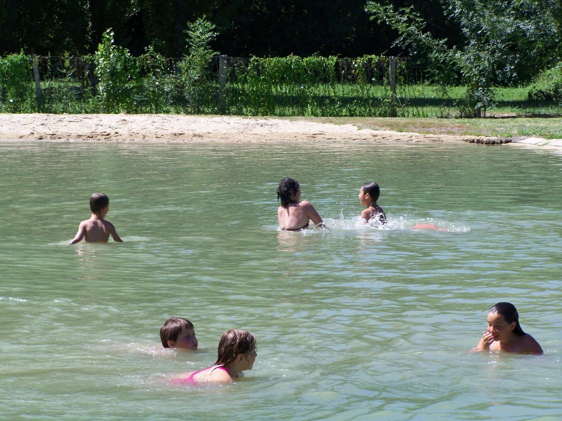 A group of people in a natural water body, surrounded by greenery and a sandy area.